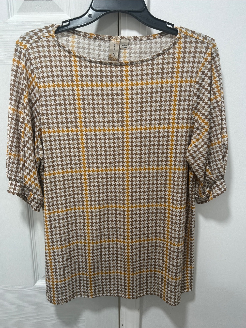 Misia Brown, White & Mustard Houndstooth Top